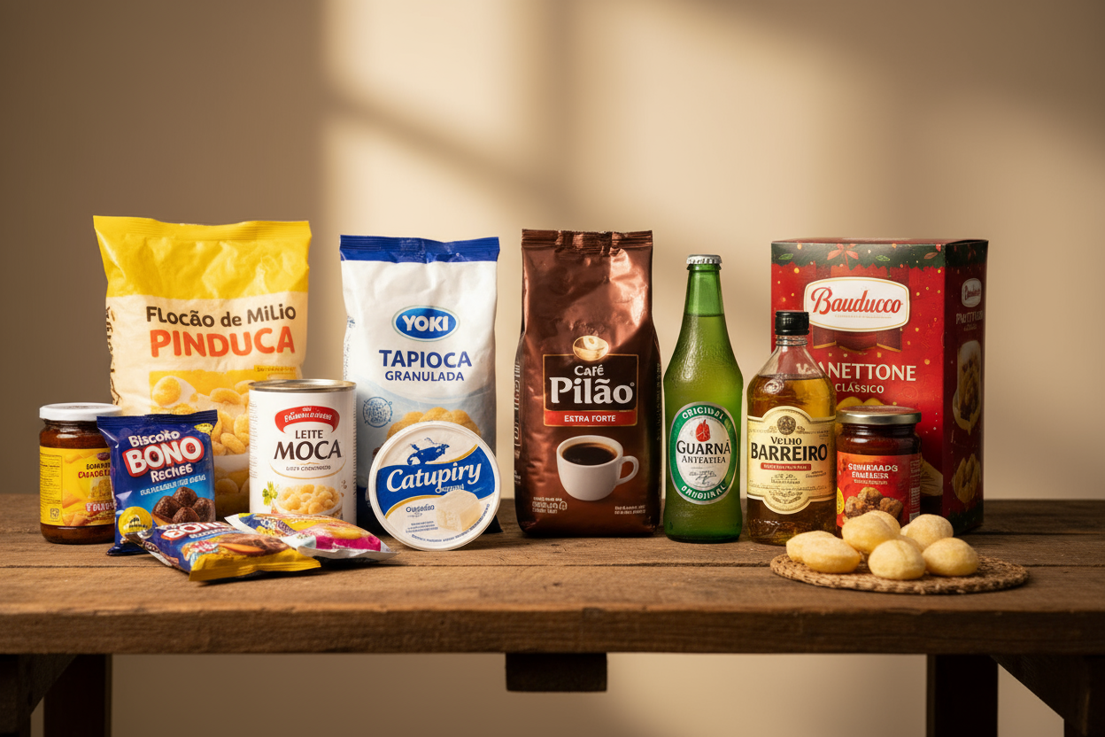 show me pilao cafe guarana bottle cachaca tapioca kaito and other well known products make it look nice 